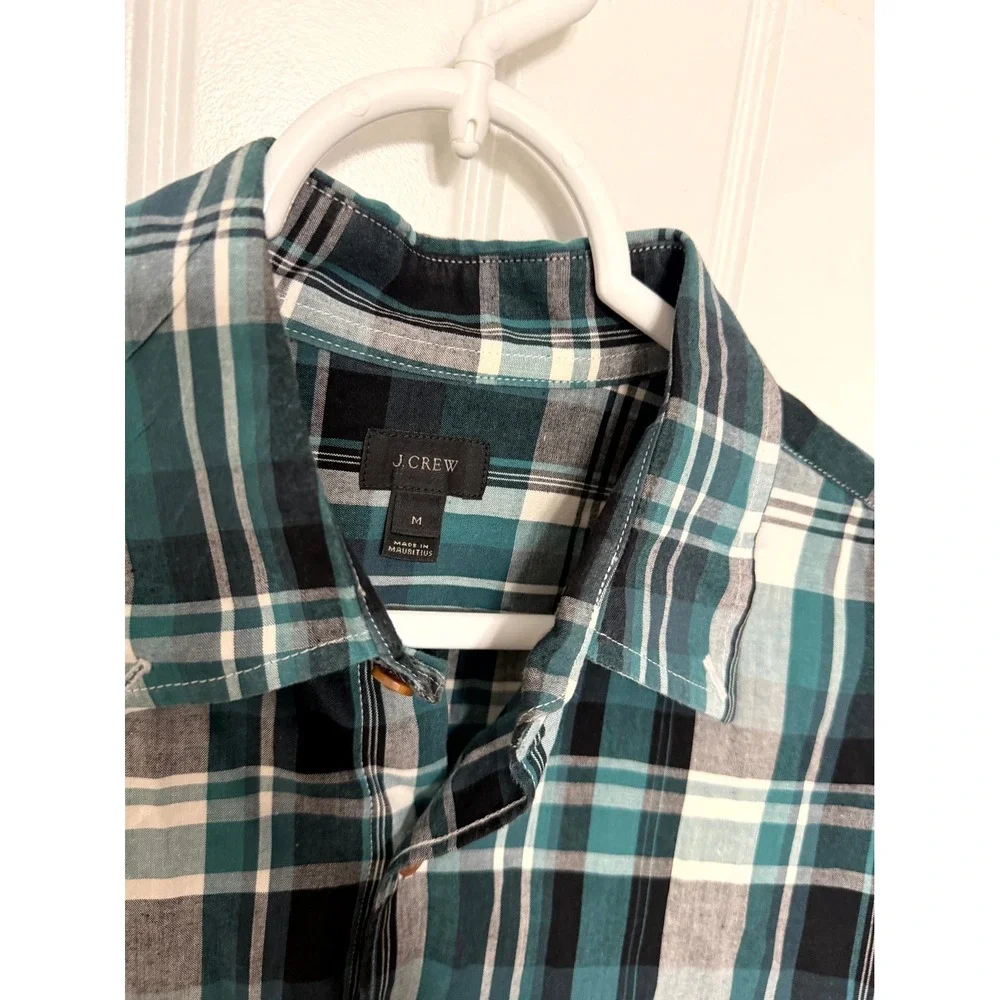 J. Crew Button Down Shirt Mens Medium Teal Plaid Long Sleeve Cotton